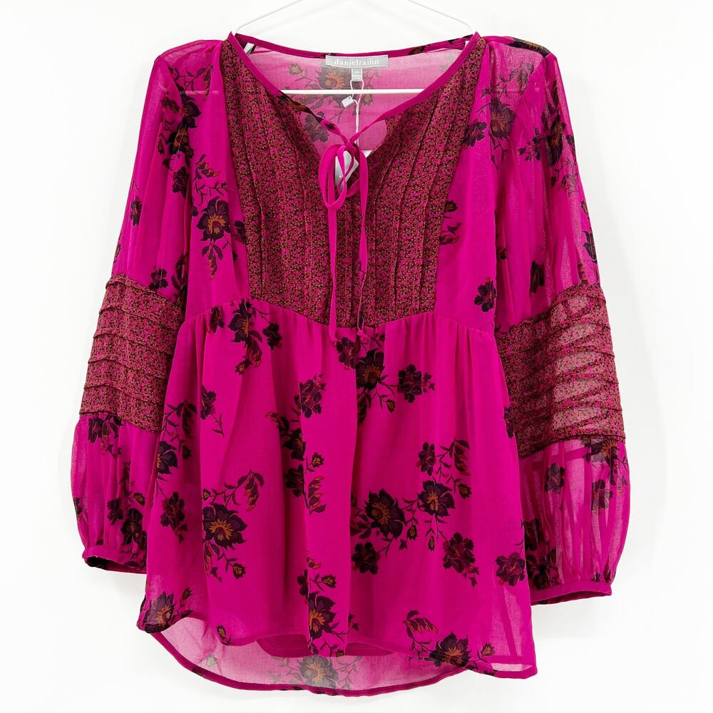 NWT Danielrainn Women's Pink Floral Long Sleeve Tie Neck Boho Blouse Top Size XS